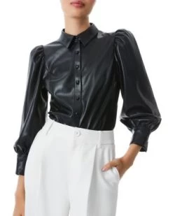 Nadine Puff Sleeve Faux Leather Blouse - Alice And Olivia