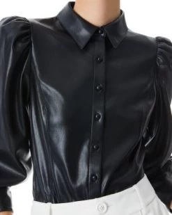 Nadine Puff Sleeve Faux Leather Blouse - Alice And Olivia -Alice And Olivia 11930201 fpx