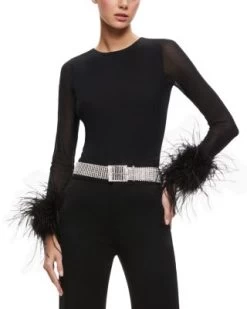 Delaina Feather Trim Mesh Top - Alice And Olivia