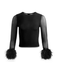 Delaina Feather Trim Mesh Top - Alice And Olivia -Alice And Olivia 13110610 fpx