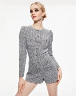 Shiloh Patch Pocket Houndstooth Romper - Alice And Olivia -Alice And Olivia 13135580 fpx