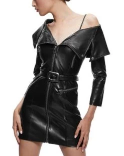 Miara Faux Leather Asymmetric Moto Mini Dress - Alice And Olivia -Alice And Olivia 13151042 fpx