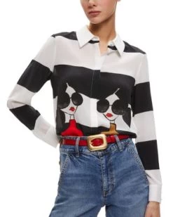 Willa Printed Black & White Top - Alice And Olivia