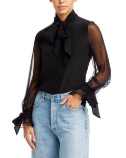 Lloyd Silk Tie Neck Top - Alice And Olivia