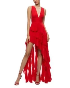 Holly Low Neck Asymmetric Ruffled Maxi Dress - Alice And Olivia