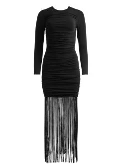KATHERINA LONG SLEEVE DRESS WITH FRINGE -Alice And Olivia CC211301507A001 06