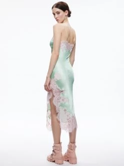 KERR LACE TRIM ASYMMETRICAL SLIP MIDI DRESS