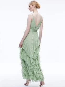 EMELIA V-NECK EYELET RUFFLE MAXI DRESS