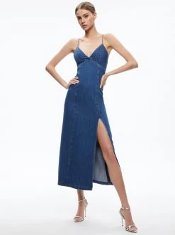 JULIETTA DENIM SLIP DRESS WITH SLIT -Alice And Olivia CD924116ABLN476 05