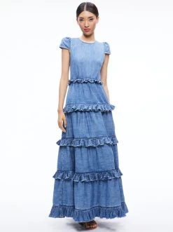 CADBY DENIM RUFFLED MAXI DRESS -Alice And Olivia CD929117IBLO476 05