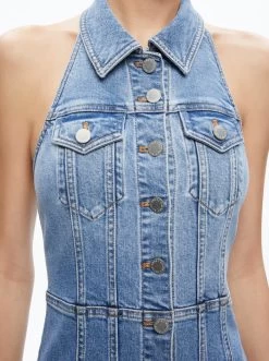 KENDALL DENIM HALTER MINI DRES -Alice And Olivia CD955301IBLO476 04